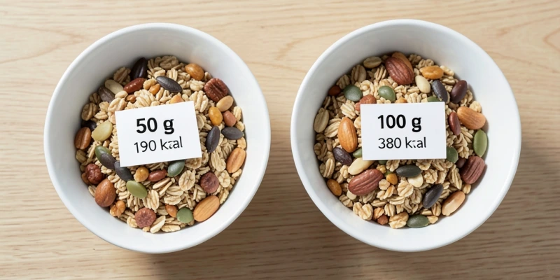 Zwei identische Schüsseln Müsli nebeneinander – links mit 50 g beschriftet (Angabe auf Verpackung), rechts mit 100 g beschriftet (realistische Menge) – darunter je die Kalorienzahl sichtbar gemacht
