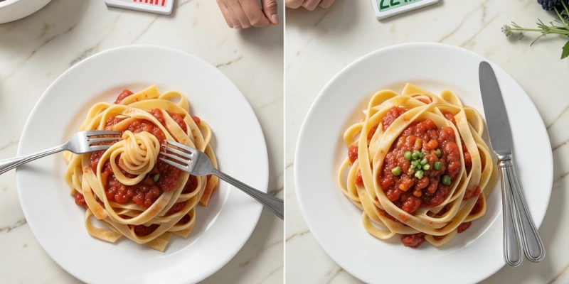Zwei identische Teller mit 300g Pasta – einmal aufgegessen in 8 Minuten mit Gabel immer in der Hand, einmal in 22 Minuten mit Besteck zwischendurch abgelegt – visueller Vergleich des Tempos, nicht der Menge