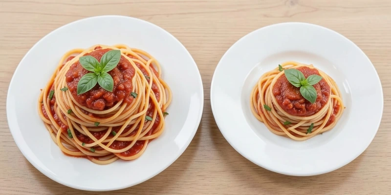 Zwei identische Teller mit Pasta – links die Originalportion (ca. 400g), rechts die halbierte Menge (ca. 200g). Gleiche Lebensmittel, gleiches Aussehen, halbe Kalorienmenge.