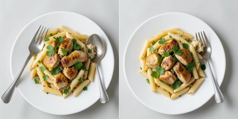 Zwei identische Teller mit Pasta und Hähnchen – links mit Gabel und Löffel, rechts nur mit Gabel und kleinerer Portionierung pro Bissen – gleiche Gesamtmenge, unterschiedliche Biss-Größe