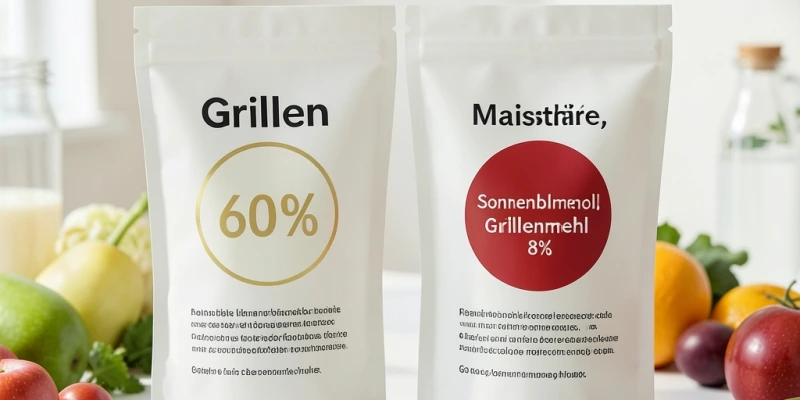 Zwei Insektensnack-Verpackungen nebeneinander – Zutatenlisten im Fokus, erste Zutat hervorgehoben: einmal „Grillen (60%)", einmal „Maisstärke, Sonnenblumenöl, Grillenmehl (8%)"
