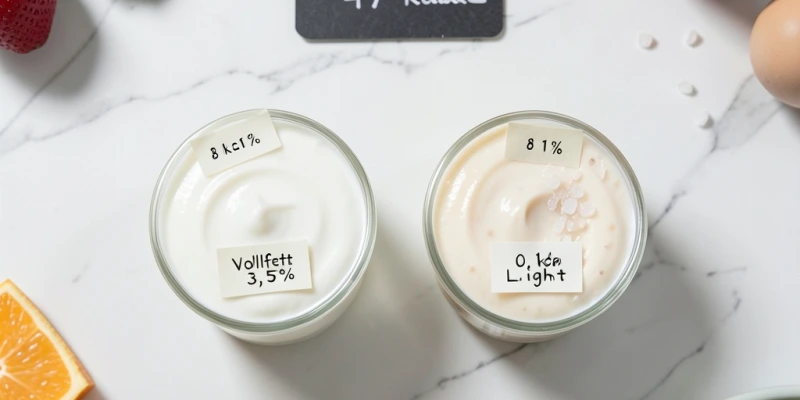 Zwei Joghurtbecher nebeneinander: Vollfett-Joghurt (3,5 % Fett, 100g) mit 61 kcal vs. „Light"-Joghurt (0,1 % Fett, 100g) mit 47 kcal – aber mit Zuckerzusatz, der den Unterschied auf 8 kcal schrumpfen lässt