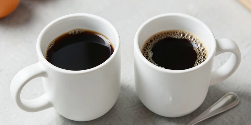 Zwei Kaffeebecher nebeneinander – einer klar schwarz, einer mit sichtbarem weißen Zuckerrand am Rand. Daneben ein Teelöffel mit ca. 4 g Zucker als Maßstab
