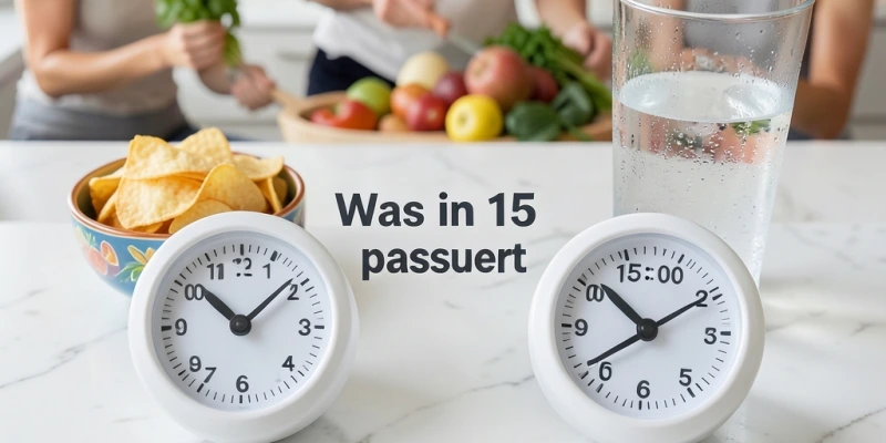 Zwei Küchentimer nebeneinander – einer auf 0 Minuten (sofortiger Griff zur Snackschale), einer auf 15 Minuten (Glas Wasser davor, Snackschale bleibt stehen) – mit Beschriftung „Was in 15 Minuten passiert"