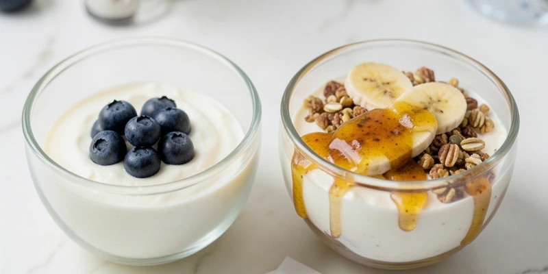Zwei Magerquark-Portionen nebeneinander: links 200 g Magerquark pur mit Beeren (~160 kcal), rechts dieselbe Menge Quark mit 3 EL Honig, Granola und Banane (~480 kcal) – visuell zeigen, wie Toppings die Kalorienbilanz verschieben