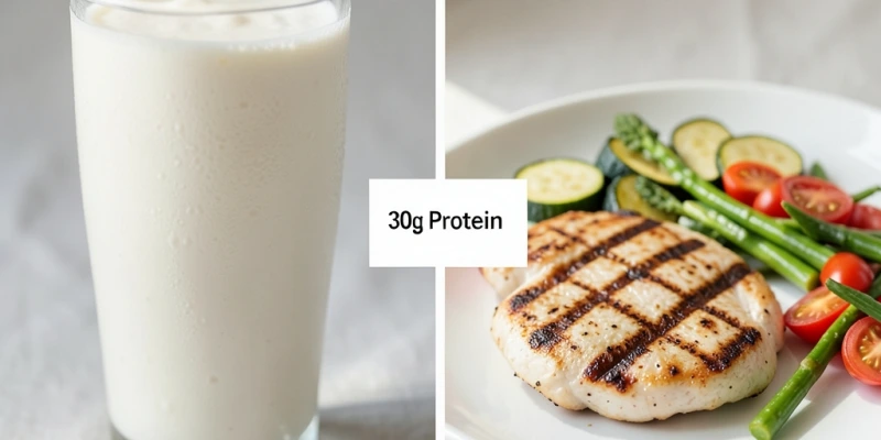 Zwei Mahlzeiten im Vergleich: Ein Whey-Shake im Glas vs. eine Portion gegrilltes Hähnchen mit Gemüse – gleiche Proteinmenge, unterschiedliche Nährstoffdichte und Volumen