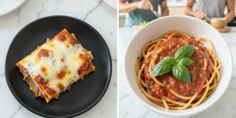 Zwei Mahlzeiten im Vergleich: Fertiglasagne vs. selbst gekochte Tomatensoße mit Pasta – Natriumgehalt pro Portion als Zahl daneben
