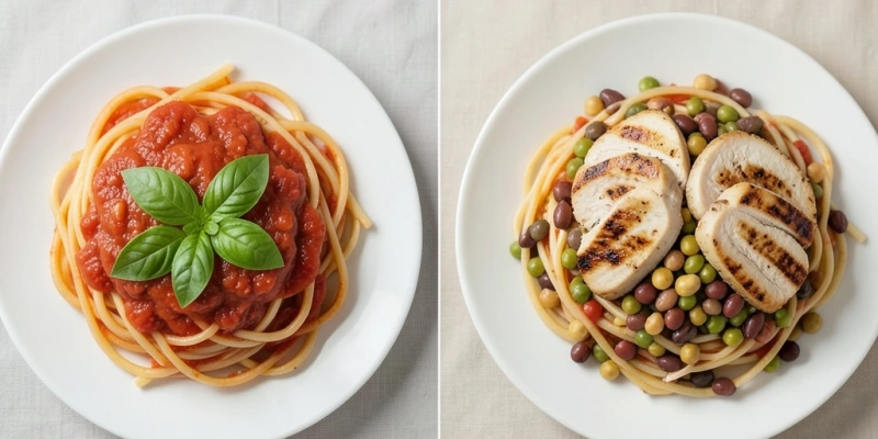 Zwei Mahlzeiten im Vergleich: Links eine Portion Nudeln mit Tomatensauce (ca. 10 g Protein), rechts dieselbe Portion mit Hähnchen und Hülsenfrüchten (ca. 35 g Protein) – gleiche Kalorienmenge, unterschiedliche Sättigungswirkung