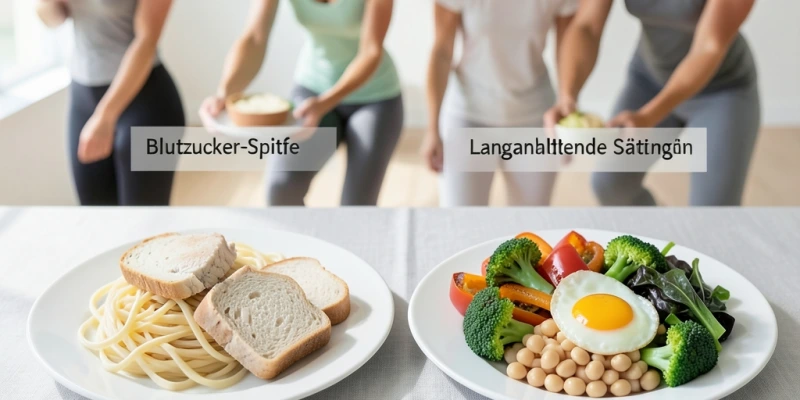 Zwei Mahlzeiten im Vergleich: Teller mit viel Weißmehl und wenig Protein vs. gleichgroßer Teller mit Hülsenfrüchten, Gemüse und einem Ei – gleiche Kalorienmenge, unterschiedliche Wirkung auf Blutzucker und Sättigung