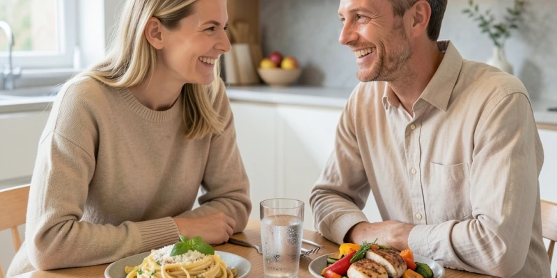 Zwei Menschen sitzen gemeinsam am Tisch, beide haben einen Teller vor sich – einer mit Pasta, einer mit Gemüse und Protein – die Atmosphäre ist entspannt, kein Abstand oder Spannung sichtbar, sondern echtes Gespräch