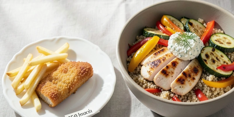 Zwei Mittagessen nebeneinander: links kleines Schnitzel mit Pommes (~650 kcal auf kleinem Teller), rechts großer Teller mit gebratenem Hähnchen, Zucchini, Paprika, Quinoa und Kräuterquark (~550 kcal) – erkennbarer Volumenunterschied trotz ähnlicher Kalorienzahl