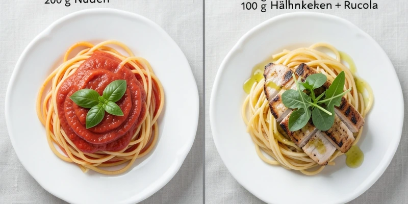 Zwei Mittagsteller nebeneinander – links: 200 g Nudeln mit Tomatensoße; rechts: 150 g Nudeln + 100 g Hähnchen + Rucola. Vergleichbare Kalorienmenge, unterschiedliches Sättigungsprofil – mit Gramm-Angaben beschriftet