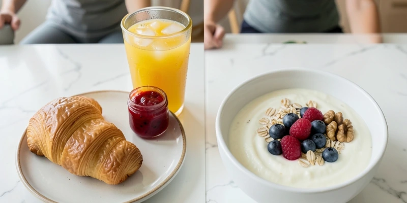Zwei nebeneinander angeordnete Frühstücksvarianten: links ein Croissant mit Marmelade und Orangensaft; rechts 150 g Skyr mit Haferflocken, Beeren und Walnüssen – mit Beschriftung von Protein- und Ballaststoffgehalt