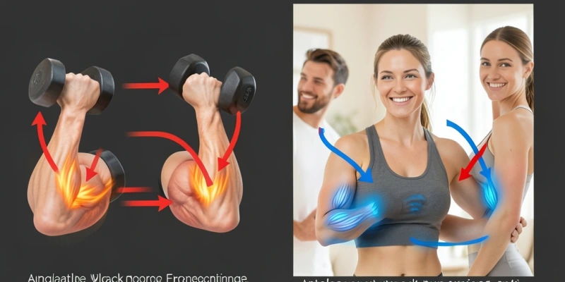 Zwei nebeneinander dargestellte Trainingspaare: links „Agonisten-Supersatz" (Kurzhantel-Curl + Maschinencurl, beide Bizeps), rechts „Antagonisten-Supersatz" (Bizepscurl + Trizepsdrücken), mit Pfeilen, die den Blutfluss zur jeweiligen Muskelgruppe andeuten