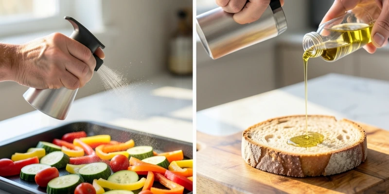 Zwei nebeneinander gezeigte Situationen – links Gemüse auf einem Backblech wird fein eingesprüht, rechts wird ein dünner Ölstrahl auf Brot gegossen