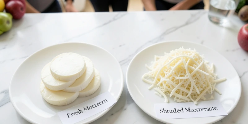 Zwei nebeneinander liegende Portionen: 100g frischer Mozzarella in Scheiben vs. 100g geriebener Mozzarella – visueller Vergleich des Volumens und der Energie