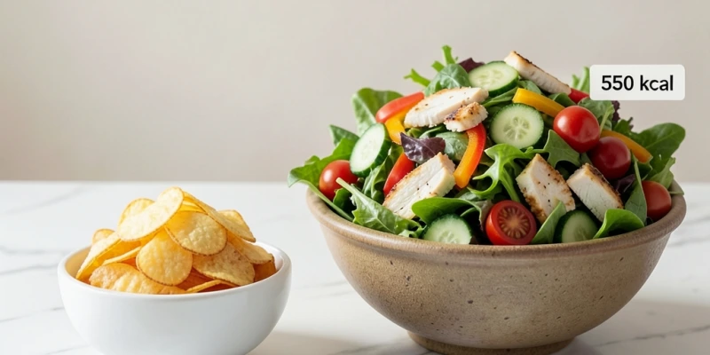 Zwei nebeneinander stehende Schüsseln: links 100 g Chips (~550 kcal), rechts 700 g gemischter Salat mit Hähnchen (~300 kcal) – beide Portionen mit deutlich sichtbarem Volumenunterschied