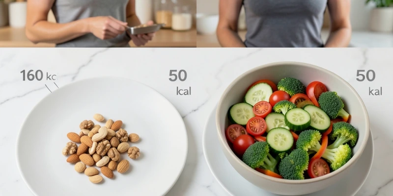 Zwei nebeneinander stehende Teller: links eine kleine Handvoll Nüsse (ca. 30 g, ca. 180 kcal), rechts eine große Schüssel gemischtes Gemüse (ca. 400 g, ca. 120 kcal) – gleiches Sättigungsgefühl, deutlich unterschiedliche Kalorienmenge