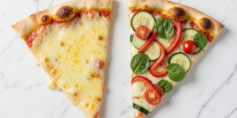 Zwei nebeneinanderliegende Pizzastücke – links klassisch mit doppelt Käse, rechts mit viel Gemüsebelag und weniger Käse. Selbe Größe, deutlicher Unterschied in Käseschicht und Gemüsemenge, um den Einfluss auf Kaloriengehalt und Sättigungseffekt zu zeigen