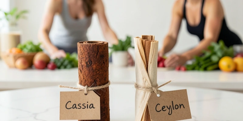 Zwei nebeneinanderliegende Zimtstangen – die dickere, dunklere Cassia-Stange links, die dünnere, heller gerollte Ceylon-Stange rechts, mit beschrifteten Labels