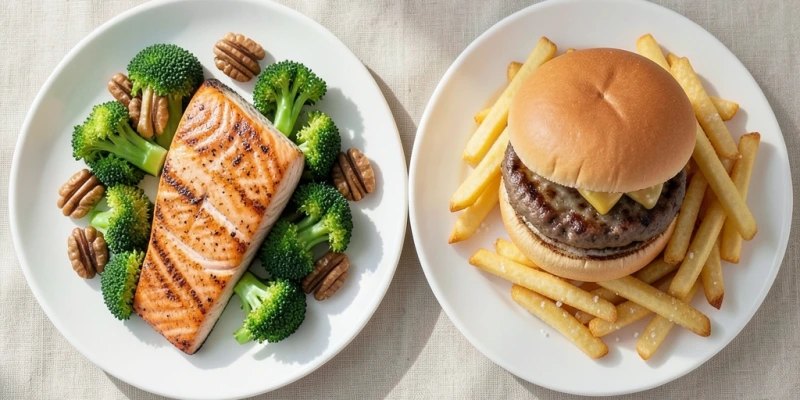 Zwei nebeneinanderstehende Teller: links ein typisches Paleo-Gericht mit Lachsfilet, Brokkoli und Walnüssen; rechts ein typisches westliches Fast-Food-Gericht – kein Kommentar, nur visueller Kontrast der Lebensmittelgruppen
