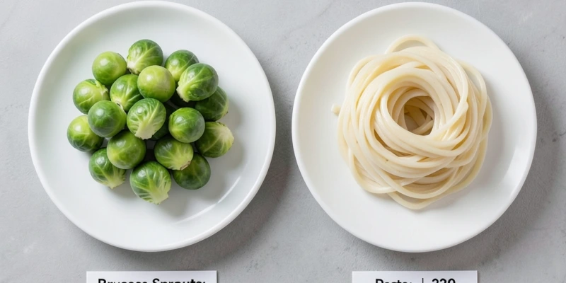 Zwei nebeneinanderstehende Teller: links 200 g Rosenkohl gedämpft, rechts 200 g weiße Pasta – gleiche Portionsgröße, aber deutlich unterschiedliche Kalorienmenge und Proteingehalt, mit Zahlenwerten beschriftet