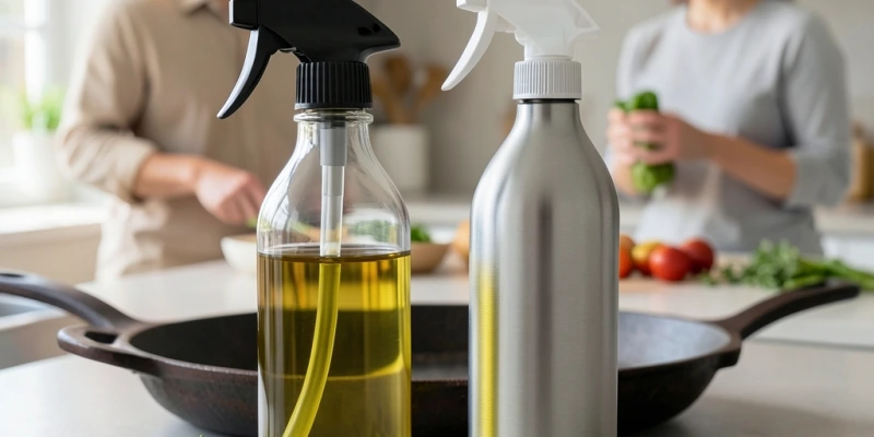 Zwei Ölsprüher nebeneinander – links aus klarem Glas, rechts aus mattem Edelstahl – auf einer Küchenarbeitsplatte mit Pfanne und frischen Kräutern
