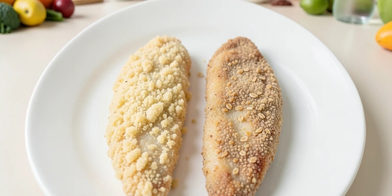 Zwei panierte Hähnchenstreifen nebeneinander – links mit Semmelbrösel (helle, grob-knusprige Oberfläche), rechts mit Haferkleie (dunklere, feinkörnige, matte Oberfläche)