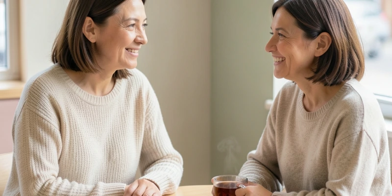 Zwei Personen beim gemeinsamen Essen – eine hält inne und spricht, die andere hört zu. Kein Smartphone, kein Teller voller Verbotenes – ein normales Alltagsgespräch