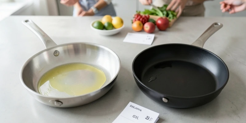 Zwei Pfannen nebeneinander – eine normale Pfanne mit einem sichtbaren Ölfilm, eine Antihaft-Pfanne fast trocken, daneben je die Kalorienangabe des verwendeten Öls
