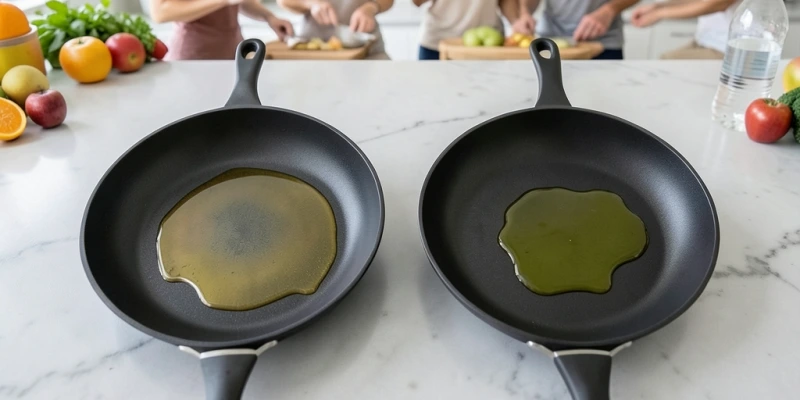 Zwei Pfannen nebeneinander: links mit einem Ölfilm aus dem Sprüher, rechts mit einer sichtbaren Öllache aus der Flasche – gleiche Pfannengröße, unterschiedliche Ölmengen