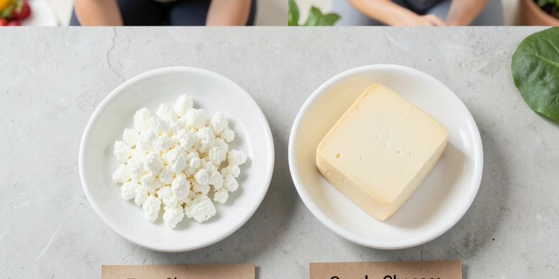 Zwei Portionen à 50 g nebeneinander: 50 g Feta vs. 50 g Gouda – Kalorienvergleich mit Proteingehalt beschriftet, ohne Körperbezug