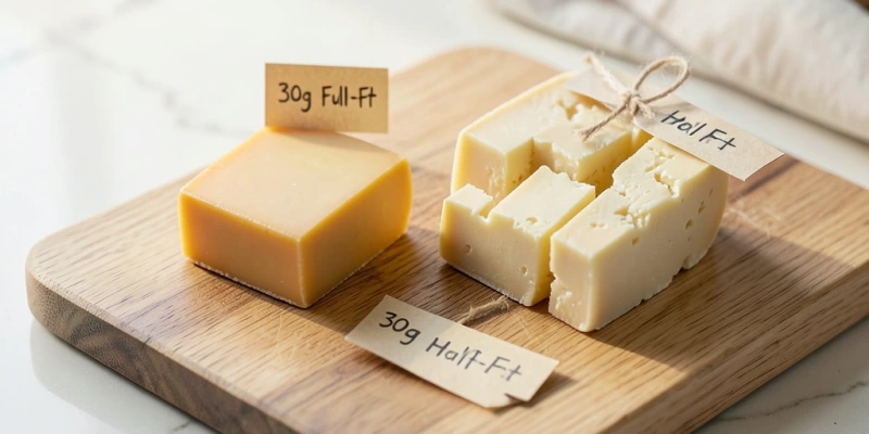 Zwei Portionen Käse auf einem Brett – 30g Vollfettkäse vs. 60g Halbfettkäse, gleiche Kalorienmenge, unterschiedliche Mengenwahrnehmung
