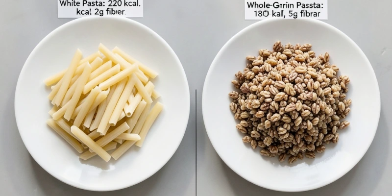 Zwei Portionen nebeneinander: 80 g gekochte weiße Nudeln (ca. 280 kcal) vs. 80 g gekochte Vollkornnudeln (ca. 270 kcal) – der Kalorienunterschied ist minimal, der Ballaststoffunterschied deutlich größer