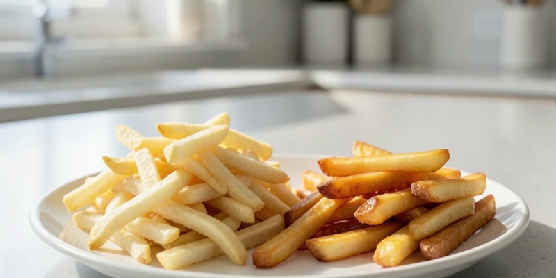 Zwei Portionen Pommes nebeneinander – links überfüllt und weich, rechts einlagig und goldbraun