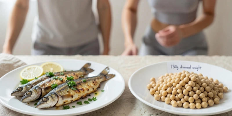 Zwei Portionsbeispiele nebeneinander: 150 g gegrillte Sardinen mit Zitrone auf einem Teller / daneben eine Dose Kichererbsen mit Angabe 130 g Abtropfgewicht – beide als typische Proteinquellen der Mittelmeerküche