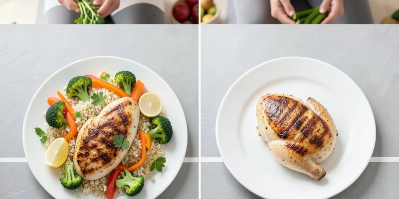 Zwei Portionsvergleiche nebeneinander – links: 150g Hähnchenbrust mit Gemüse und Quinoa; rechts: 150g Hähnchenbrust pur. Gleiche Proteinmenge, unterschiedliche Gesamtenergie und Sättigungswirkung
