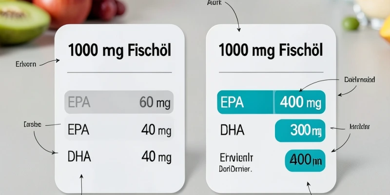 Zwei Produktetiketten nebeneinander – eines mit „1000 mg Fischöl" und niedrigem EPA/DHA-Gehalt, eines mit gleichem Gesamtvolumen aber deutlich höherem EPA/DHA-Anteil – ohne Markennamen, nur zur Veranschaulichung der Lesart eines Etiketts