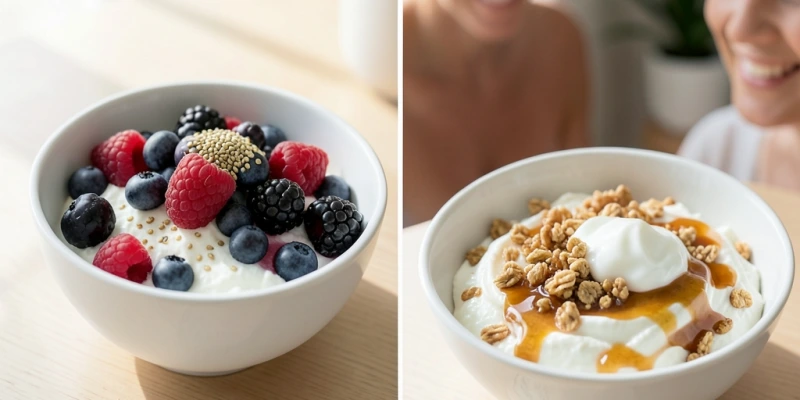 Zwei Quark-Varianten im Vergleich – links: Magerquark mit frischen Beeren und Leinsamen, rechts: Quark mit Honig, Granola und Fruchtjoghurt – mit sichtbaren Zutatenkarten und geschätzter Kalorienmenge je Variante