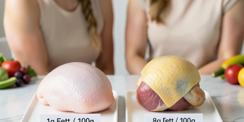 Zwei rohe Fleischstücke nebeneinander: Hähnchenbrust ohne Haut (hell, kompakt) vs. Hähnchenschenkel mit Haut (sichtlich fetthaltiger, dunkleres Fleisch) – beschriftet mit typischen Fettwerten pro 100 g