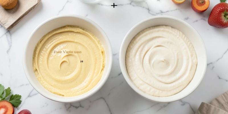 Zwei Rührschüsseln nebeneinander – links ein klassischer Rührteig mit Butter, rechts ein Quark-Öl-Teig mit sichtbar cremigerer, hellerer Konsistenz vor dem Backen