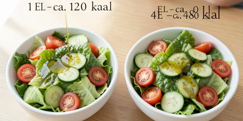 Zwei Salatschüsseln – eine mit 1 EL Olivenöl (~120 kcal), eine mit 4 EL Olivenöl (~480 kcal) – gleiche Zutaten, vierfacher Kaloriengehalt durch die Menge Öl