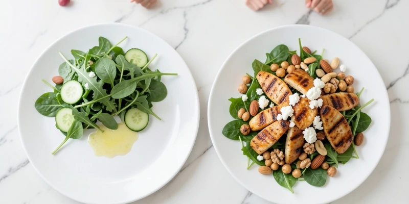 Zwei Salatteller nebeneinander – links ein klassischer Blattsalat mit Gurke und Dressing, rechts derselbe Teller mit Hähnchenstreifen, Kichererbsen, Feta und Nüssen. Beide sehen ähnlich groß aus, unterscheiden sich aber deutlich in Protein- und Fettgehalt.