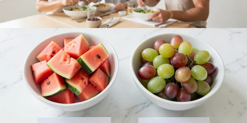 Zwei Schalen nebeneinander: links 200 g Wassermelone in Stücken, rechts 200 g Weintrauben – gleiches Gewicht, sichtbar unterschiedliche Kalorien. Beide beschriftet mit der jeweiligen kcal-Angabe.