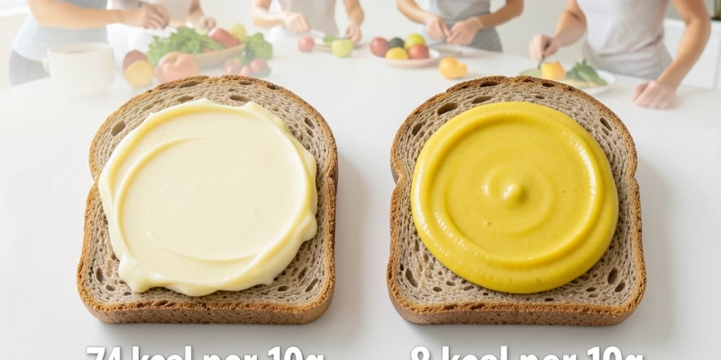 Zwei Scheiben Brot nebeneinander, links dick mit Butter bestrichen, rechts dünn mit Senf – Kalorienangaben darunter eingeblendet: 74 kcal vs. 8 kcal pro 10 g