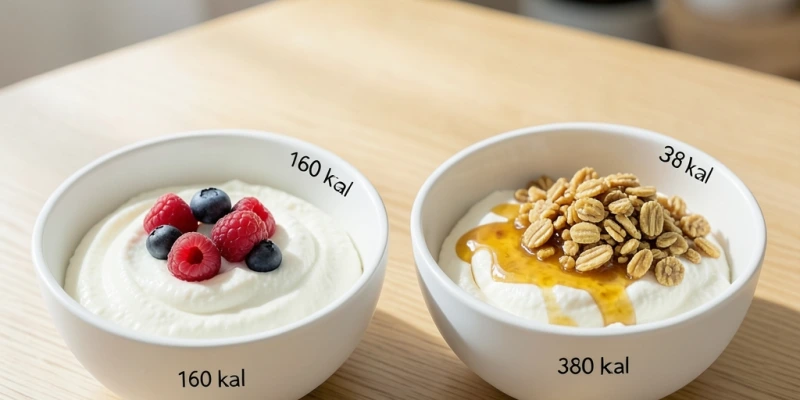 Zwei Schüsseln Magerquark nebeneinander – links 200 g pur mit Beeren (ca. 160 kcal), rechts 200 g Magerquark mit 2 EL Honig und 50 g Granola (ca. 380 kcal) – sichtbarer Kalorienunterschied trotz gleicher Quarkmenge