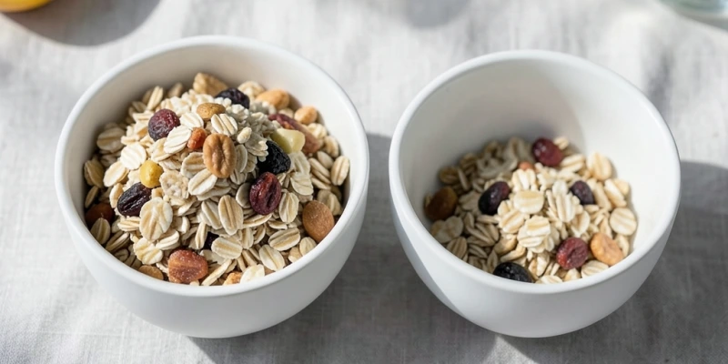 Zwei Schüsseln Müsli – links eine typische „Augenmaß"-Portion (ca. 80–100g), rechts eine gewogene Portion (45g laut Packungsangabe). Der sichtbare Unterschied ist erheblich.