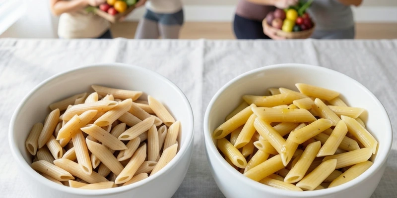 Zwei Schüsseln nebeneinander: 80g rohe Pasta links, dieselbe Menge gekocht rechts – visuell deutlich mehr