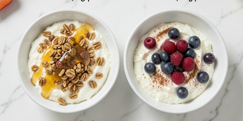 Zwei Schüsseln nebeneinander – links 200 g Magerquark mit Honig und Müsli (ca. 380 kcal, 8 g Eiweiß), rechts 200 g Magerquark mit Beeren und Zimt (ca. 160 kcal, 24 g Eiweiß) – gleiche Menge, deutlich unterschiedliche Nährwerte