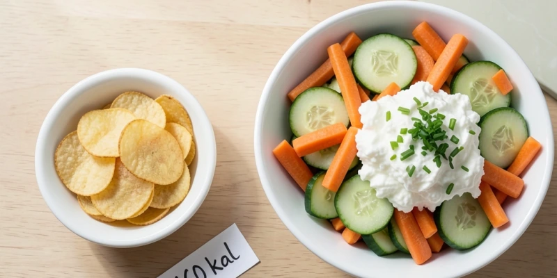 Zwei Schüsseln nebeneinander: links 30g Chips, rechts eine große Portion Gurken, Möhren und Hüttenkäse – beide bei etwa 160 Kilokalorien, deutlicher Volumenunterschied